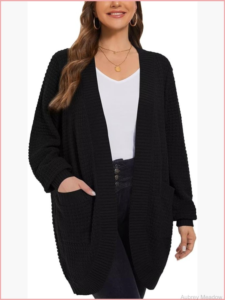 Plus Size Open Front Cardigan With Pockets Waffle Knit Loose Fall Outwear